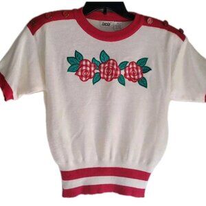 Vintage Sweater Red Roses Short Sleeve womens Size Small 50s Style